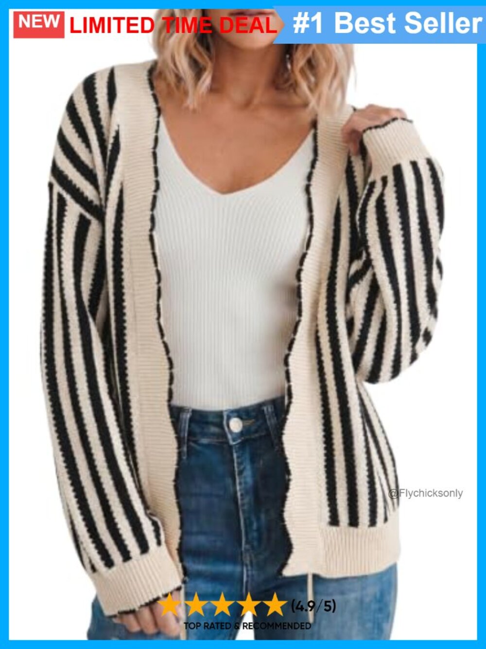 Striped Knit Cardigan Scalloped Tie Front Long Sleeve Sweater Women